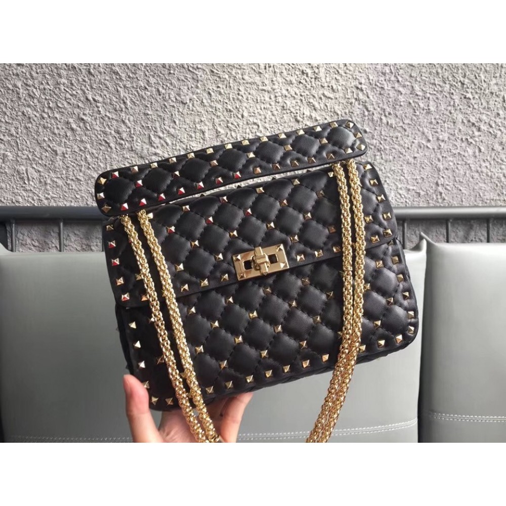 Valentino Rockstud Spike Medium Bag In Black Nappa Leather LDBS245629