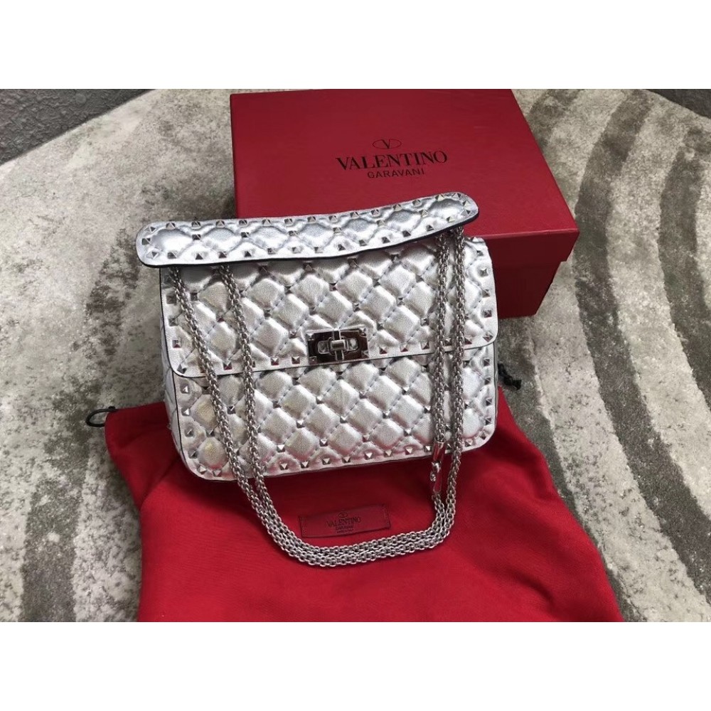 Valentino Rockstud Spike Medium Bag In Silver Metallic Lambskin LDBS245631