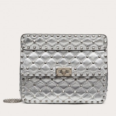 Valentino Rockstud Spike Medium Bag In Silver Metallic Lambskin LDBS245631