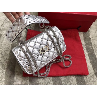 Valentino Rockstud Spike Small Bag In Silver Metallic Lambskin LDBS245639