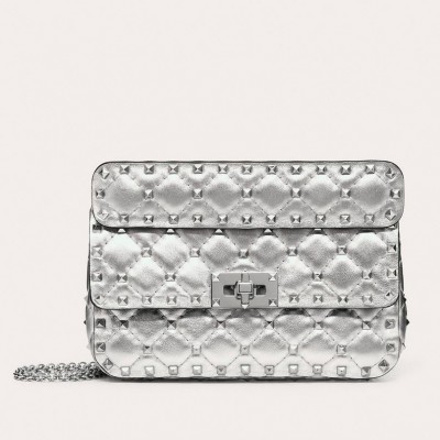 Valentino Rockstud Spike Small Bag In Silver Metallic Lambskin LDBS245639