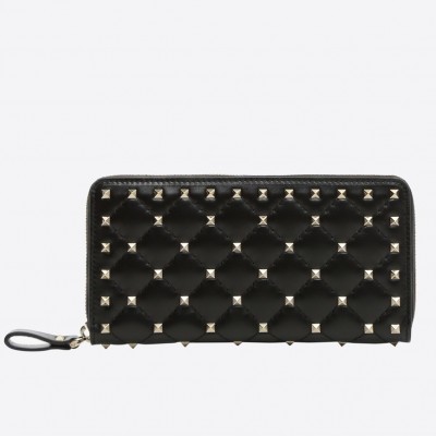 Valentino Rockstud Spike Zip Wallet In Noir Lambskin LDBS245642