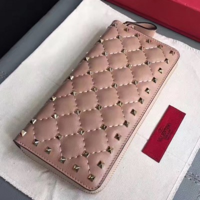 Valentino Rockstud Spike Zip Wallet In Pastel Pink Lambskin LDBS245643