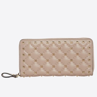 Valentino Rockstud Spike Zip Wallet In Pastel Pink Lambskin LDBS245643