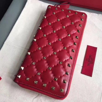 Valentino Rockstud Spike Zip Wallet In Red Lambskin LDBS245645