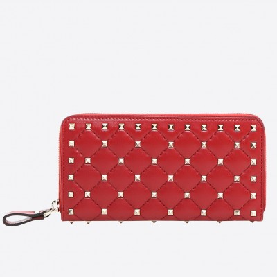 Valentino Rockstud Spike Zip Wallet In Red Lambskin LDBS245645