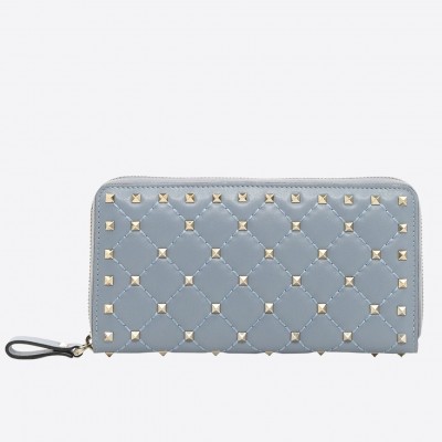 Valentino Rockstud Spike Zip Wallet In Sky Blue Lambskin LDBS245646