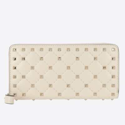 Valentino Rockstud Spike Zip Wallet In White Lambskin LDBS245647