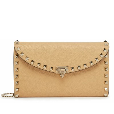 Valentino Rockstud Wallet with Chain in Beige Grained Leather LDBS245648