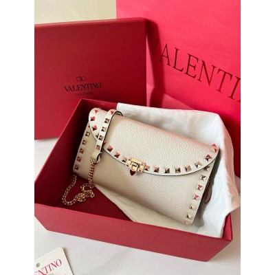 Valentino Rockstud Wallet with Chain in White Grained Leather LDBS245650