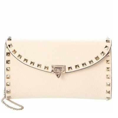 Valentino Rockstud Wallet with Chain in White Grained Leather LDBS245650