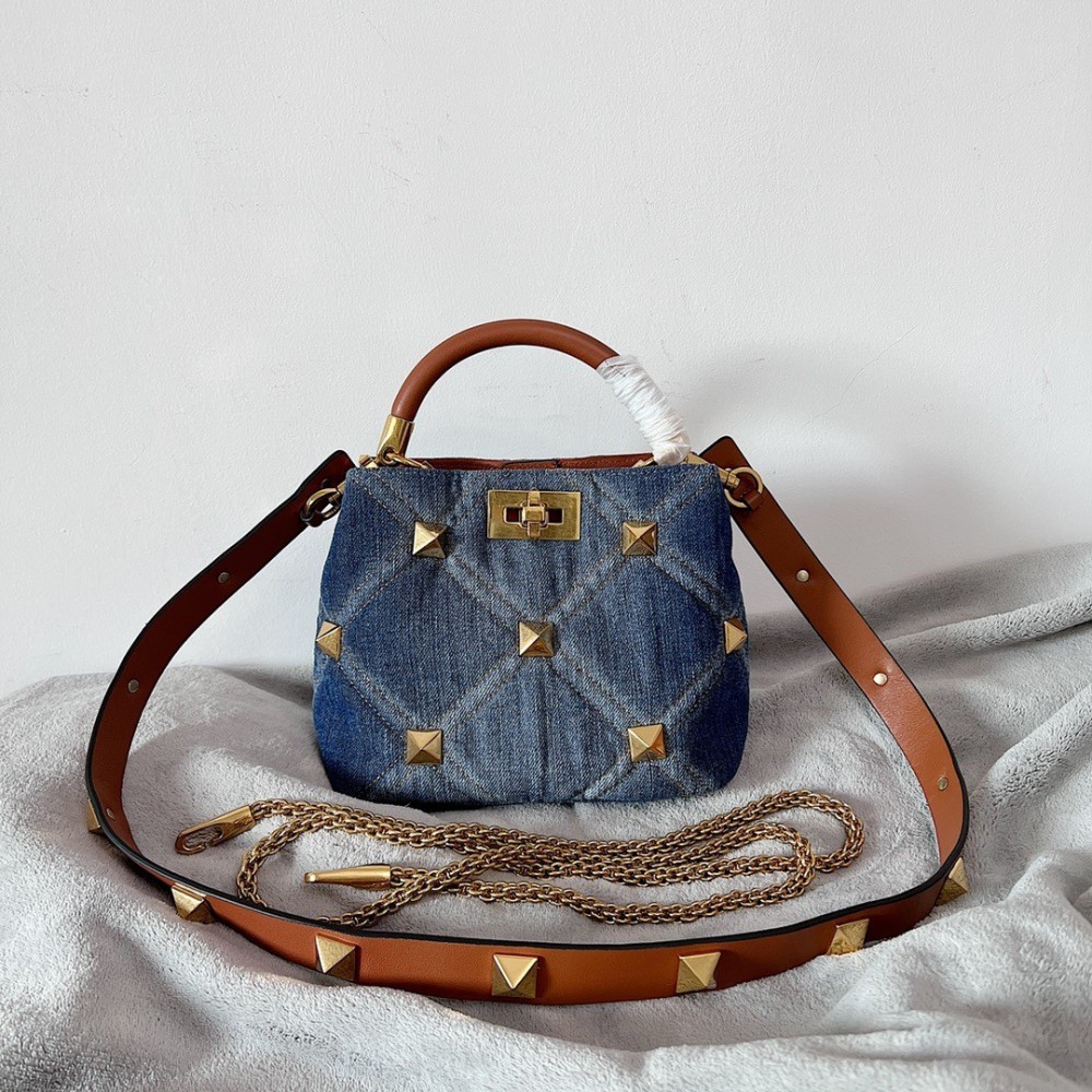 Valentino Roman Stud Small Top Handle Bag In Denim LDBS245657