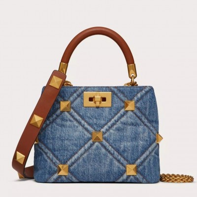 Valentino Roman Stud Small Top Handle Bag In Denim LDBS245657