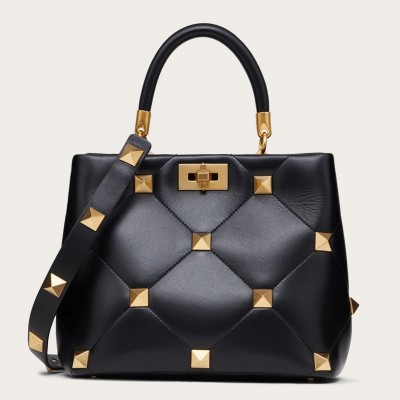 Valentino Roman Stud Top Handle Bag In Black Nappa LDBS245658