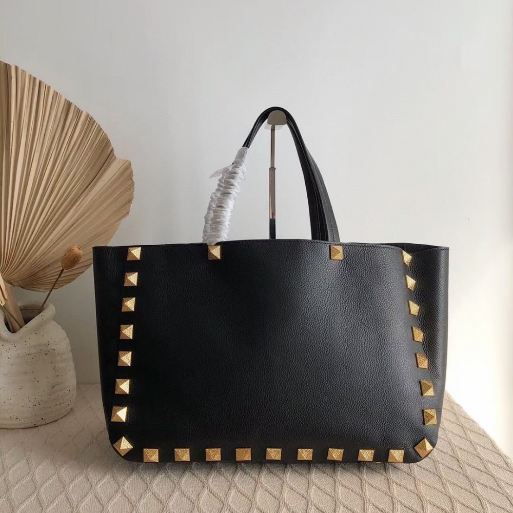 Valentino Roman Stud Tote Bag In Black Grainy Calfskin LDBS245659