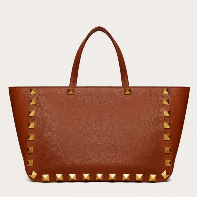 Valentino Roman Stud Tote Bag In Brown Grainy Calfskin LDBS245660