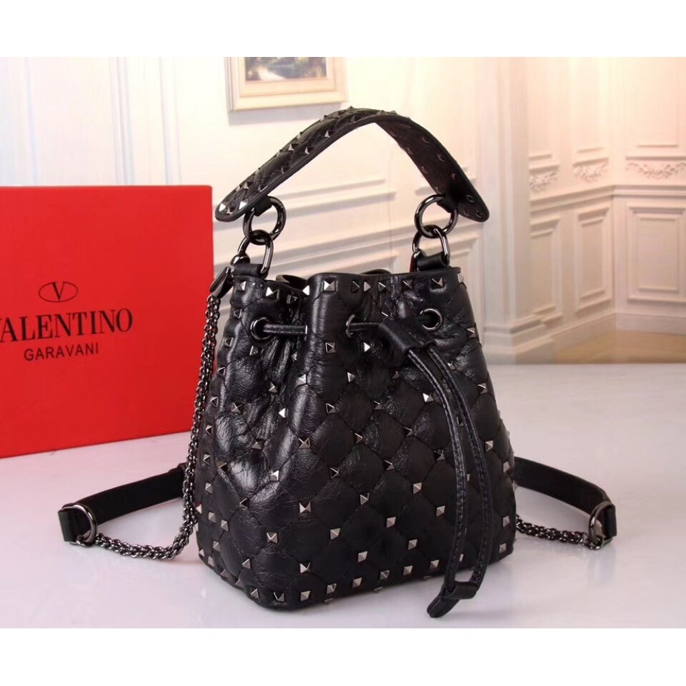 Valentino Small Black Rockstud Spike Bucket Bag LDBS245661