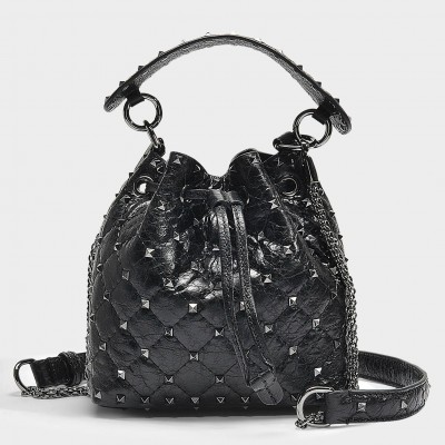 Valentino Small Black Rockstud Spike Bucket Bag LDBS245661