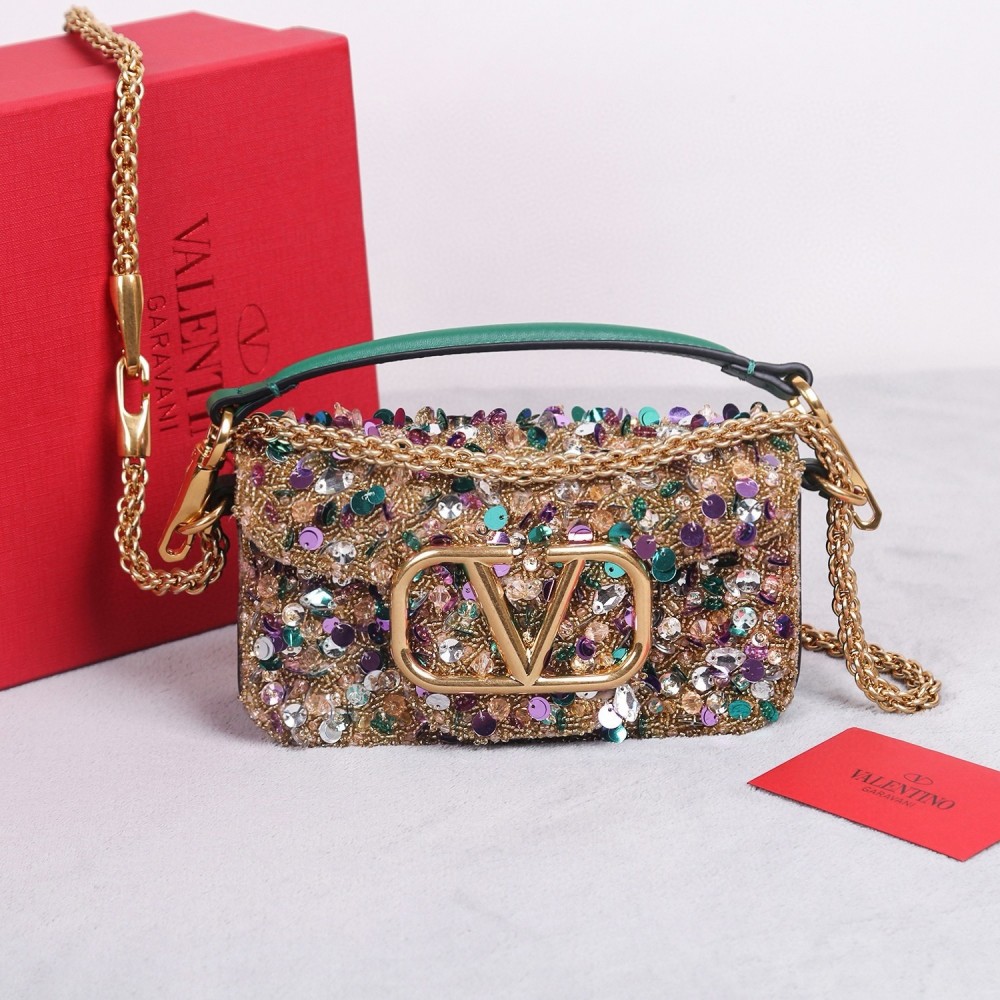 Valentino Small Loco Shoulder Bag with Gold 3D-effect Embroidery LDBS245669