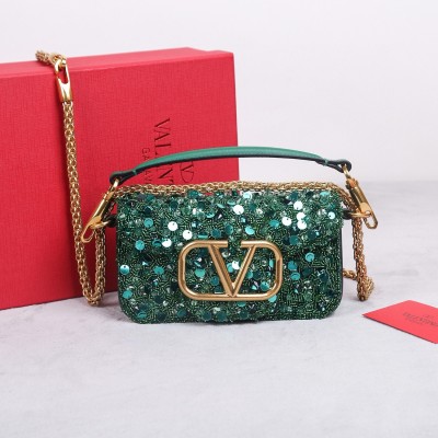 Valentino Small Loco Shoulder Bag with Green 3D-effect Embroidery LDBS245670