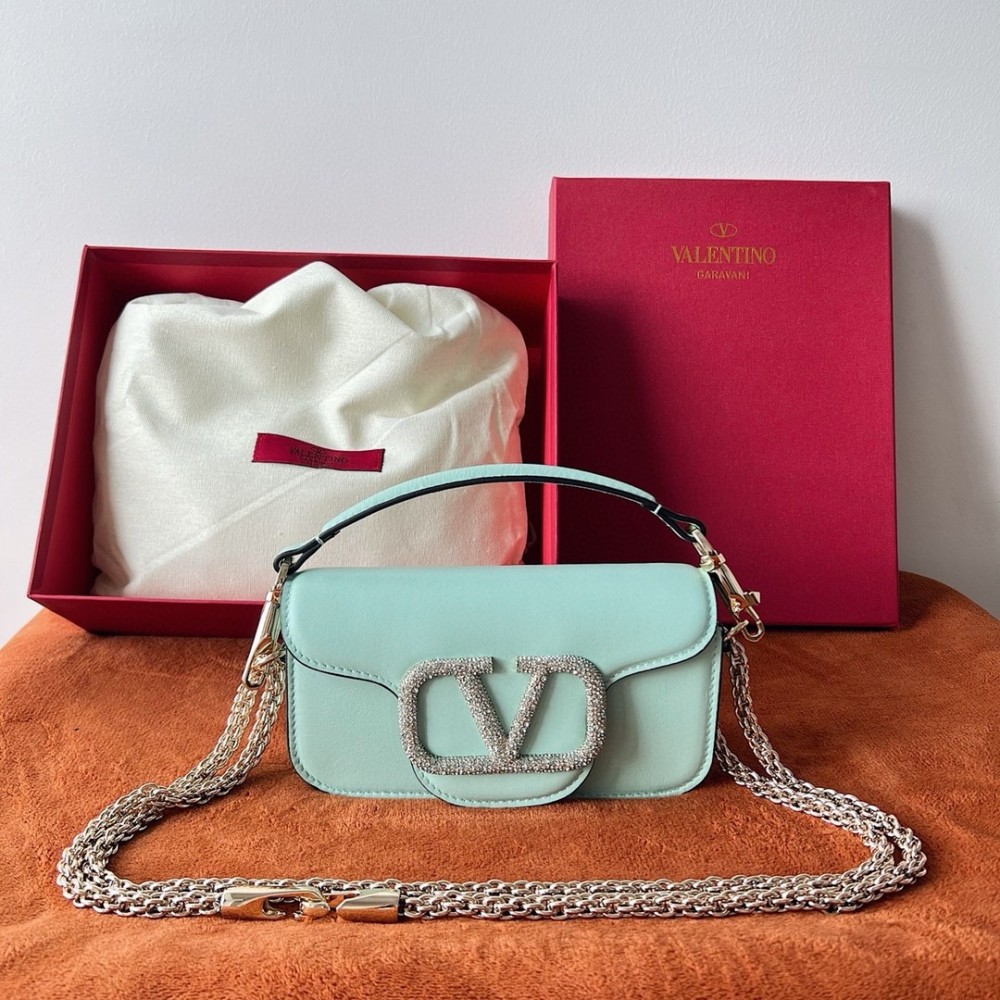 Valentino Small Loco Shoulder Light Green Bag with Crystals Logo LDBS245674