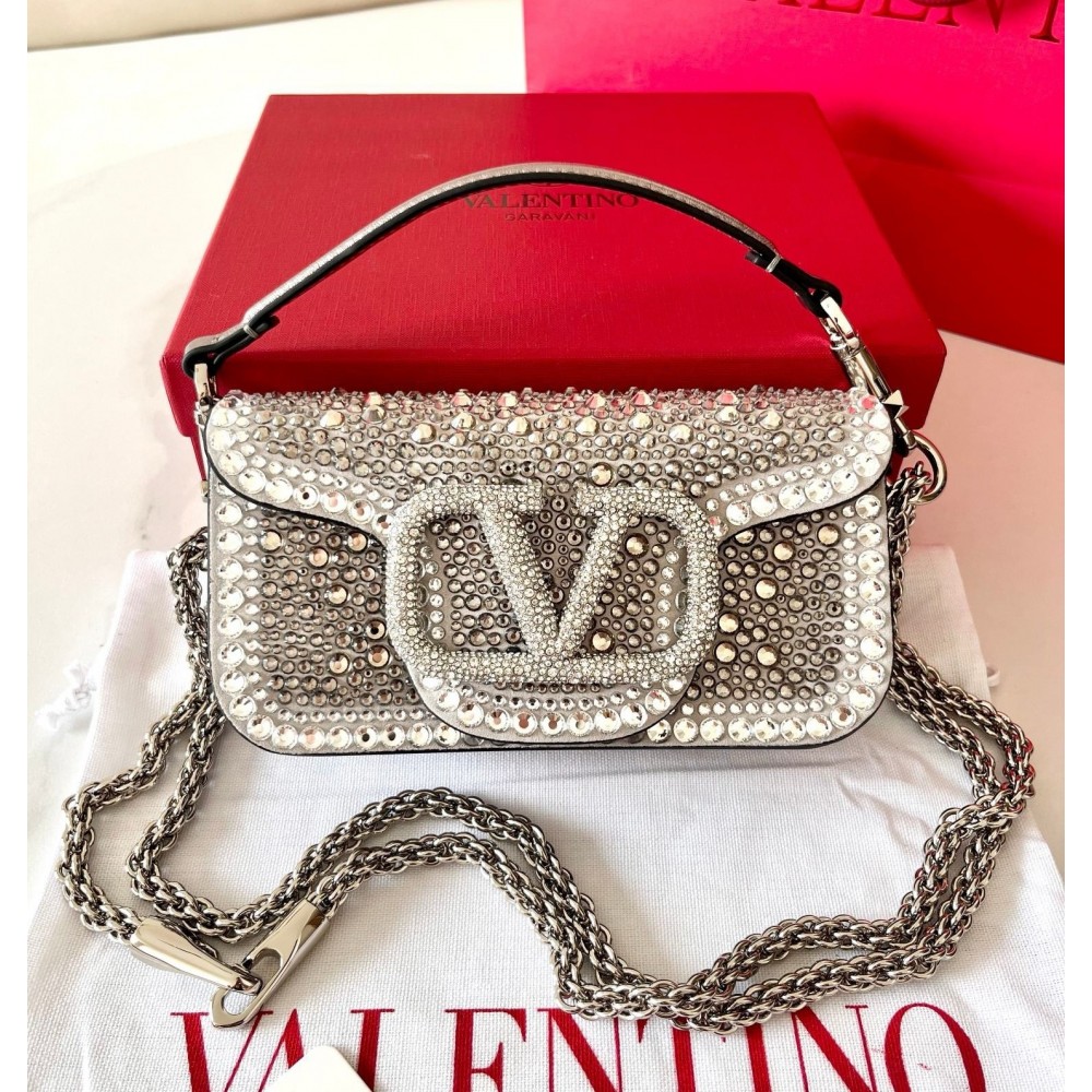 Valentino Small Loco Shoulder Silver Bag with Rhinestone Applique LDBS245677