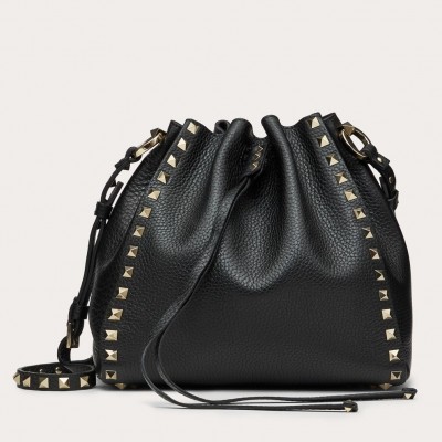 Valentino Small Rockstud Bucket Bag In Black Grained Calfskin LDBS245681