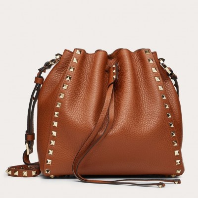 Valentino Small Rockstud Bucket Bag In Brown Grained Calfskin LDBS245682