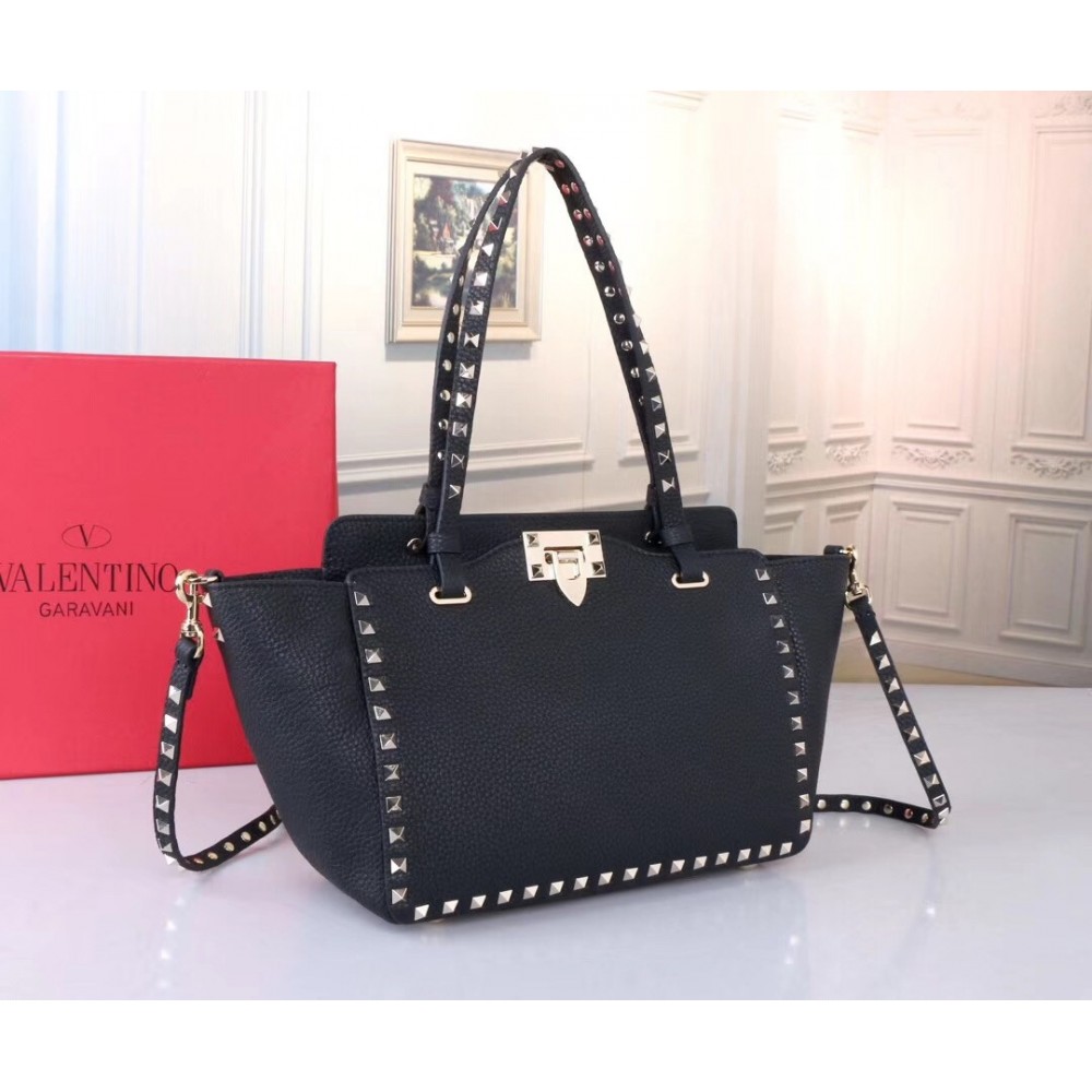 Valentino Small Rockstud Tote In Black Grain Calfskin LDBS245686