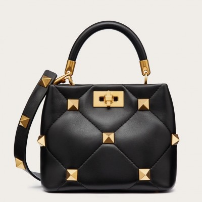 Valentino Small Roman Stud Top Handle Bag In Black Nappa LDBS245687