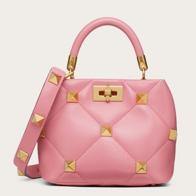 Valentino Small Roman Stud Top Handle Bag In Flamingo Nappa LDBS245688