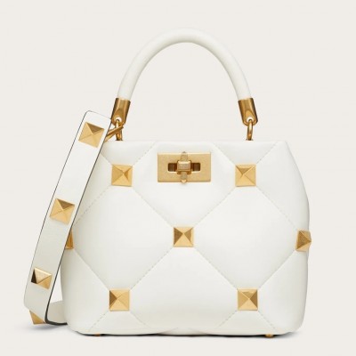 Valentino Small Roman Stud Top Handle Bag In White Nappa LDBS245690