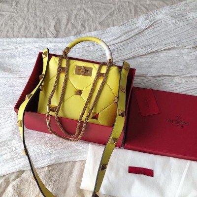 Valentino Small Roman Stud Top Handle Bag In Yellow Nappa LDBS245691