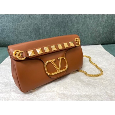 Valentino Stud Sign Shoulder Bag In Brown Nappa Leather LDBS245721