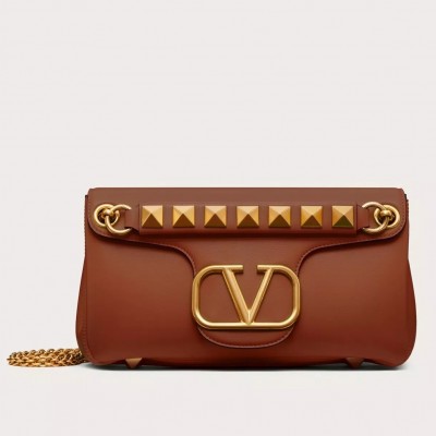 Valentino Stud Sign Shoulder Bag In Brown Nappa Leather LDBS245721