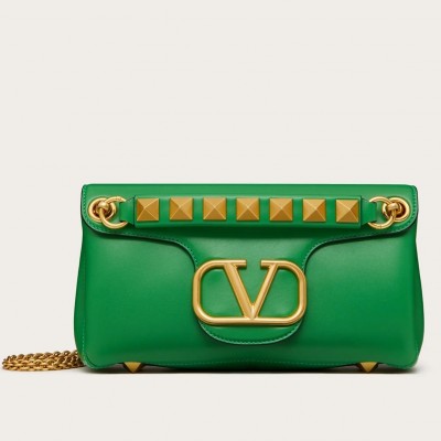 Valentino Stud Sign Shoulder Bag In Green Nappa Leather LDBS245722