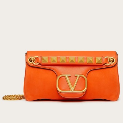 Valentino Stud Sign Shoulder Bag In Orange Nappa Leather LDBS245723