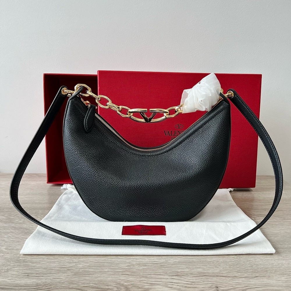 Valentino VLogo Moon Small Hobo Bag with Chain in Black Leather LDBS245745