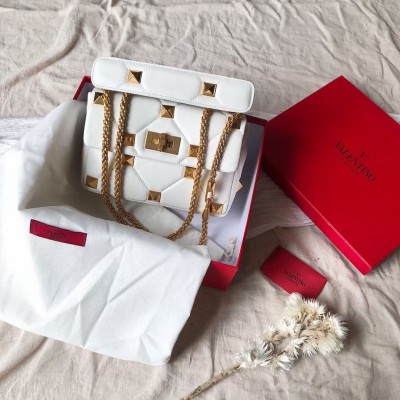 Valentino Medium Roman Stud Chain Bag In White Nappa