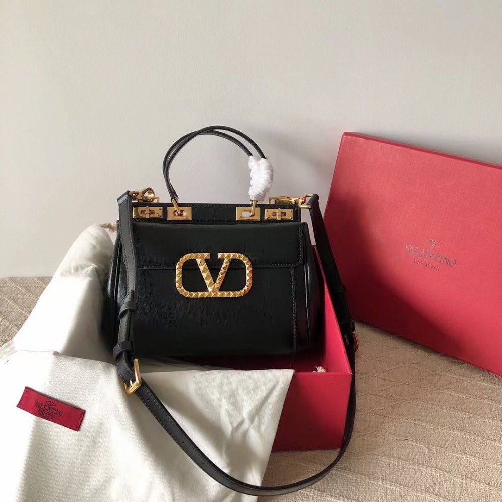 Valentino Rockstud Alcove Medium Top Handle Bag In Black Calfskin