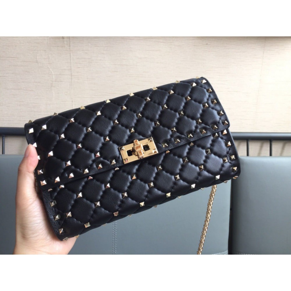 Valentino Rockstud Spike Crossbody Clutch Bag In Black Lambskin