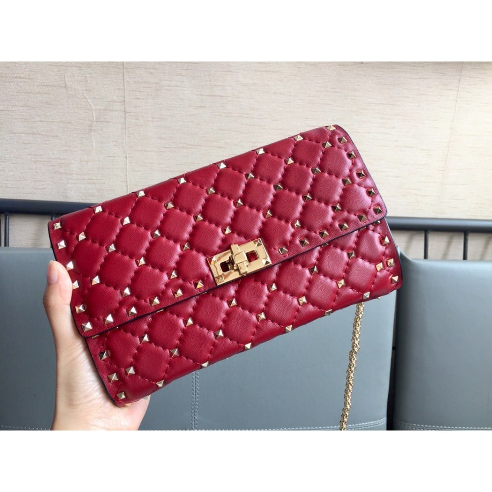 Valentino Rockstud Spike Crossbody Clutch Bag In Red Lambskin