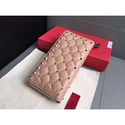 Valentino Rockstud Spike Zip Wallet In Pastel Pink Lambskin