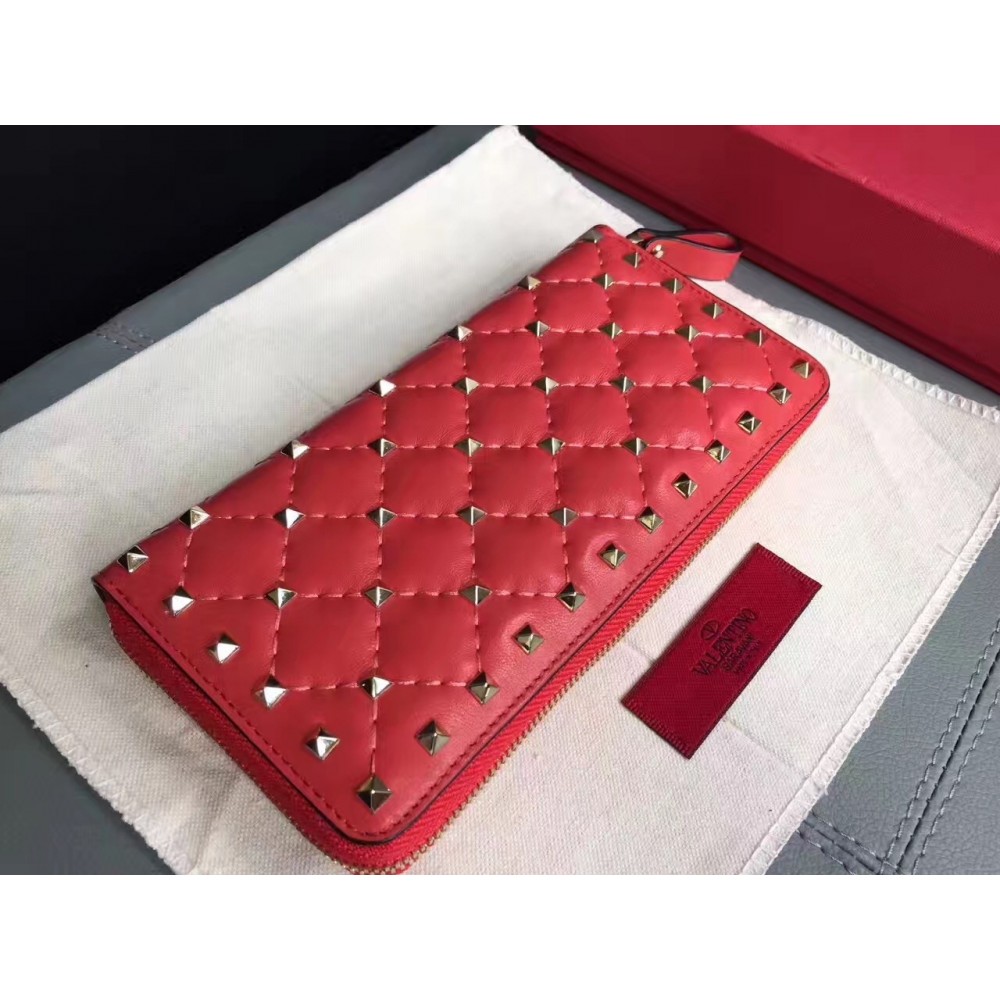 Valentino Rockstud Spike Zip Wallet In Red Lambskin