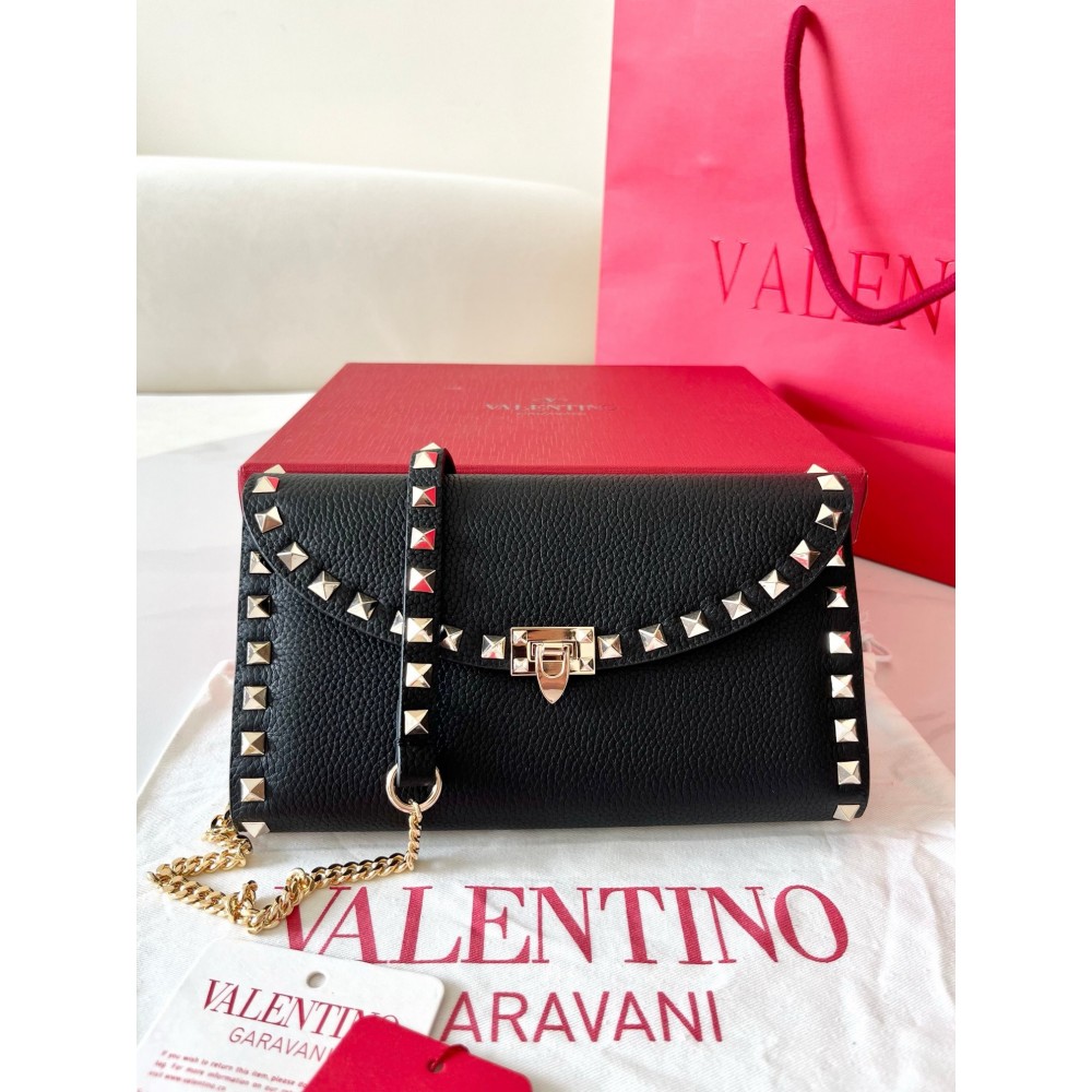 Valentino Rockstud Wallet with Chain in Black Grained Leather