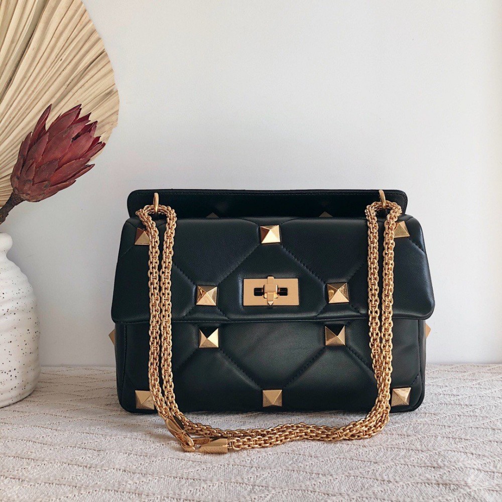 Valentino Roman Stud Large Chain Bag In Black Nappa Leather