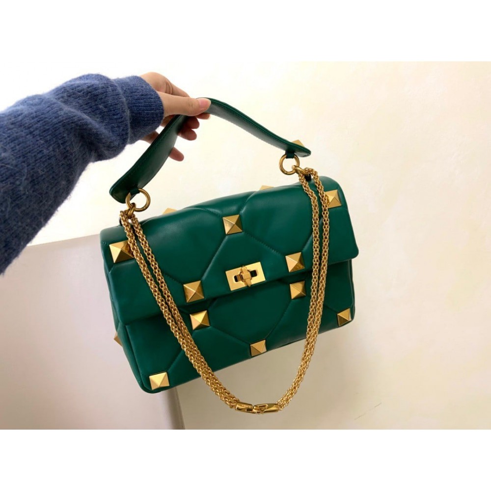 Valentino Roman Stud Large Chain Bag In Green Nappa Leather