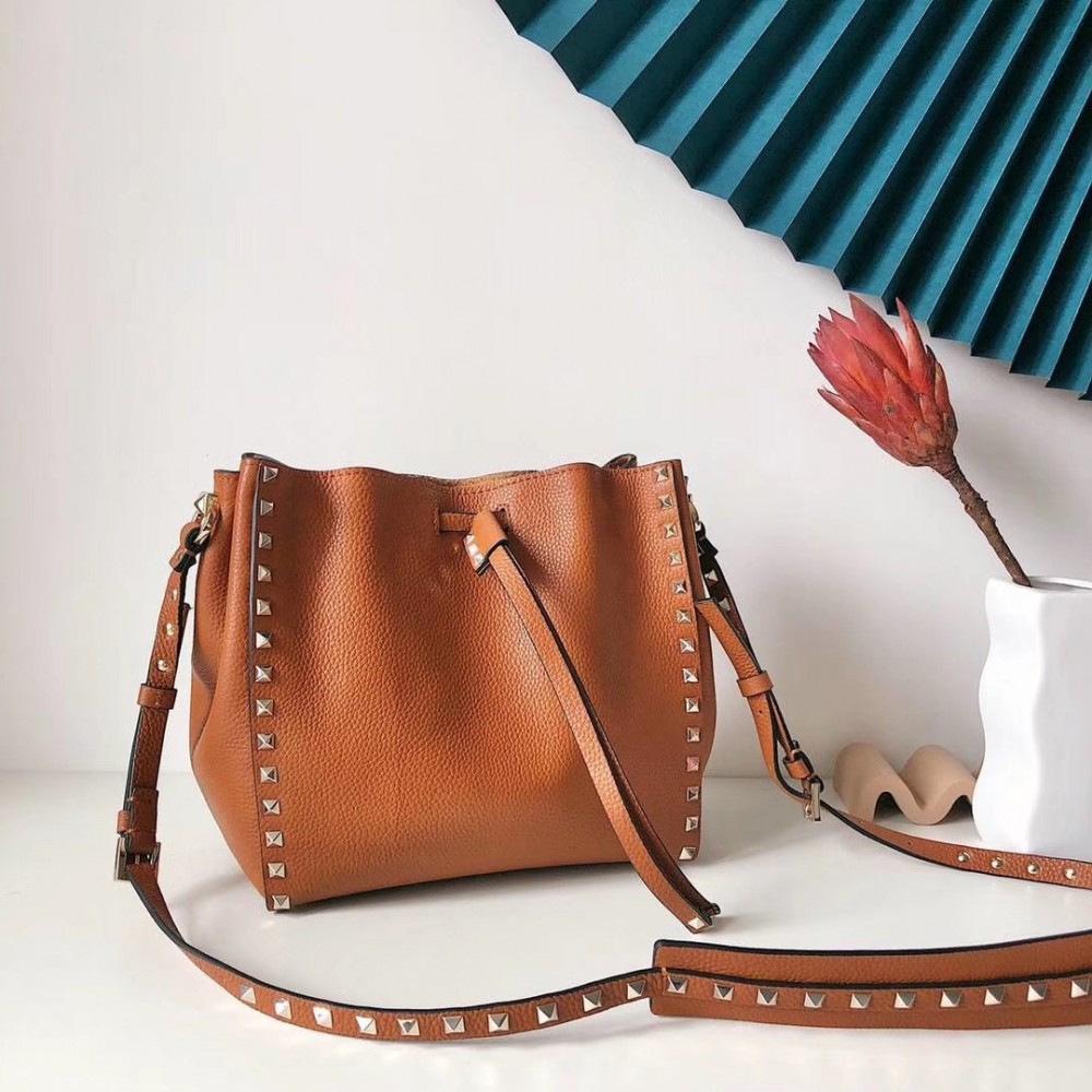 Valentino Small Rockstud Bucket Bag In Brown Calfskin