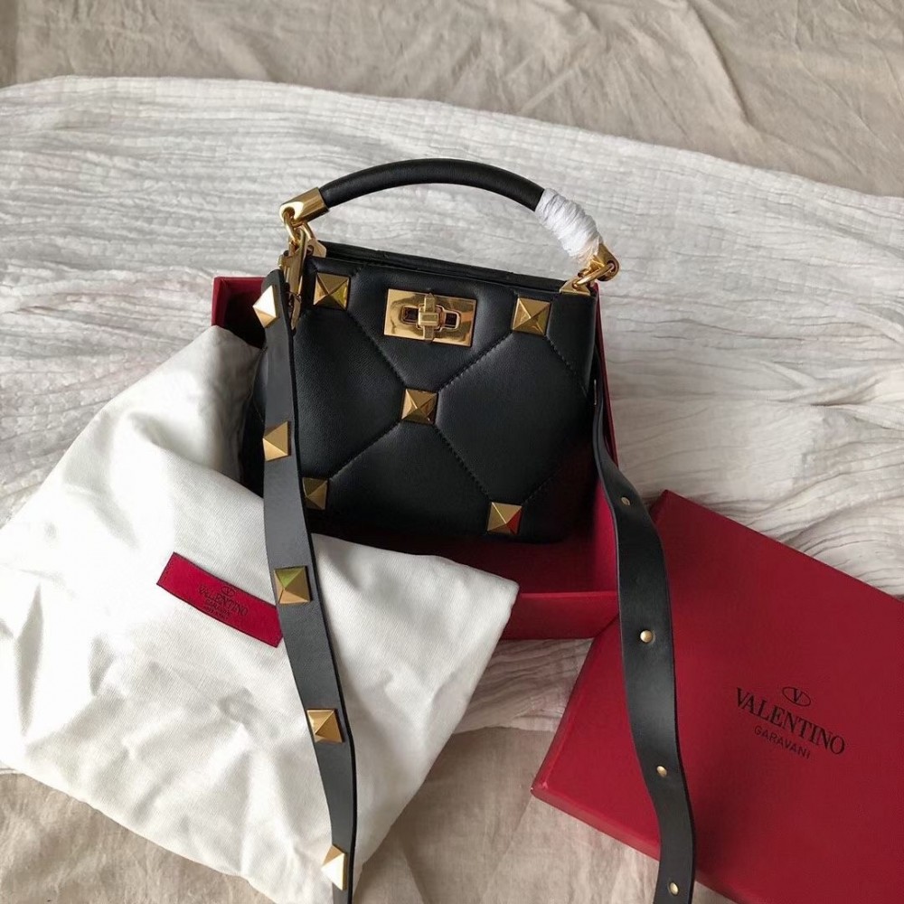 Valentino Small Roman Stud Top Handle Bag In Black Nappa